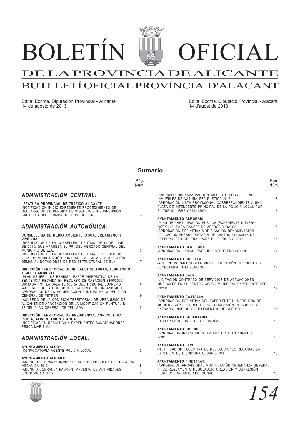 Boletín Oficial De La Provincia De Alicante Butlletí Oficial Província D'alacant