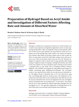 Preparation of Hydrogel Based on Acryl Amide and Investigation of Different Factors Affecting Rate and Amount of Absorbed Water