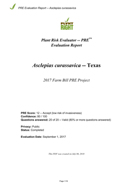 PRE Evaluation Report for Asclepias Curassavica