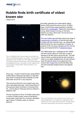 Hubble Finds Birth Certificate of Oldest Known Star 7 March 2013