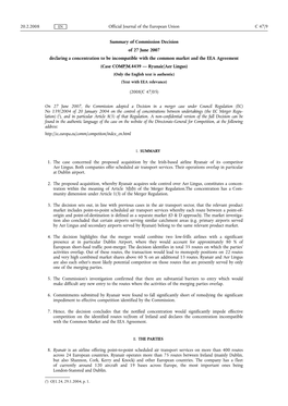 Summary of Commission Decision of 27 June 2007 Declaring A