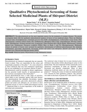 Qualitative Phytochemical Screening of Some Selected Medicinal Plants of Shivpuri District (M.P.) Rajani Yadav 1*, R
