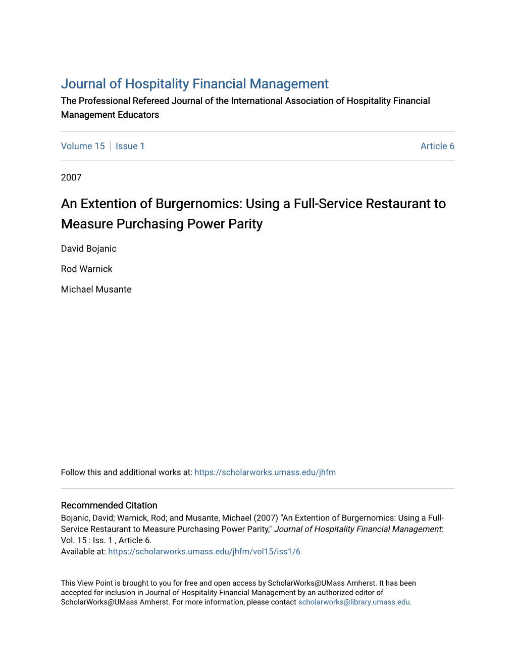 An Extention of Burgernomics: Using a Full-Service Restaurant to Measure Purchasing Power Parity