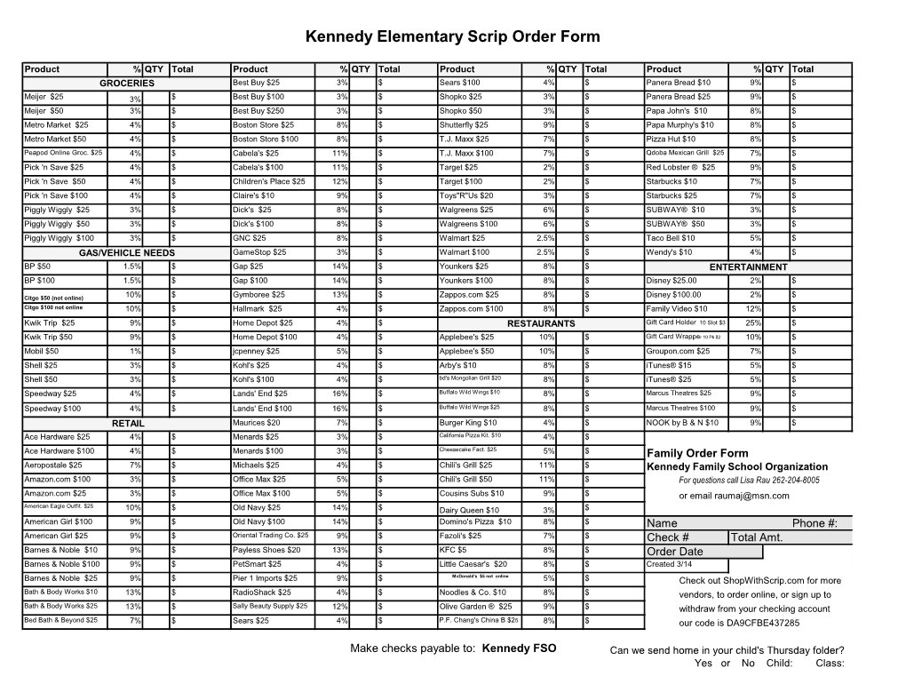 Kennedy Elementary Scrip Order Form