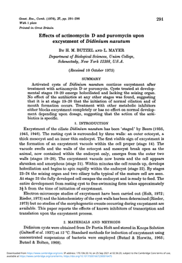 Effects of Actinomycin D and Puromycin Upon Excystment of Didiniutn Nasutum