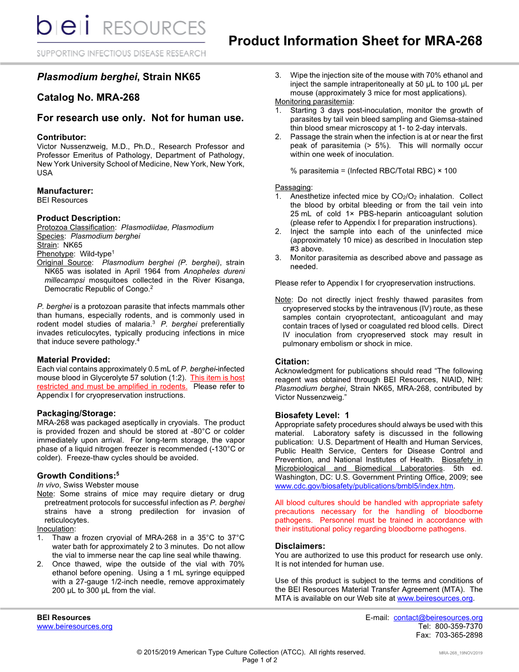 BEI Resources Product Information Sheet Catalog No. MRA-268