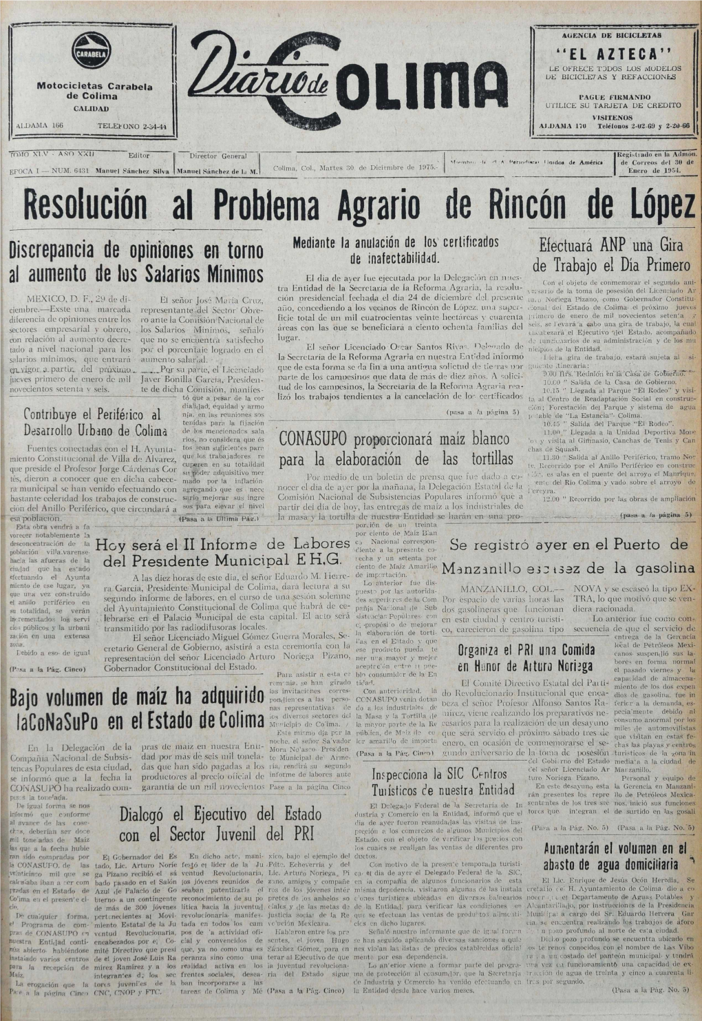 Resolucion Al Probiema Agrarlo Tie Rincon De Lopez Mediante Ia Anulacion De Los Cerl ;Ficadus Efectuara ANP Una Gira