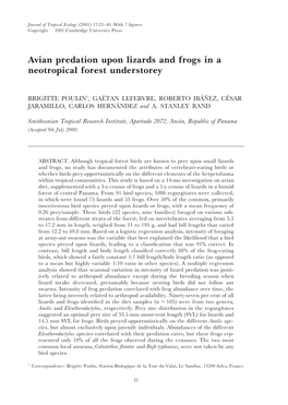 Avian Predation Upon Lizards and Frogs in a Neotropical Forest Understorey
