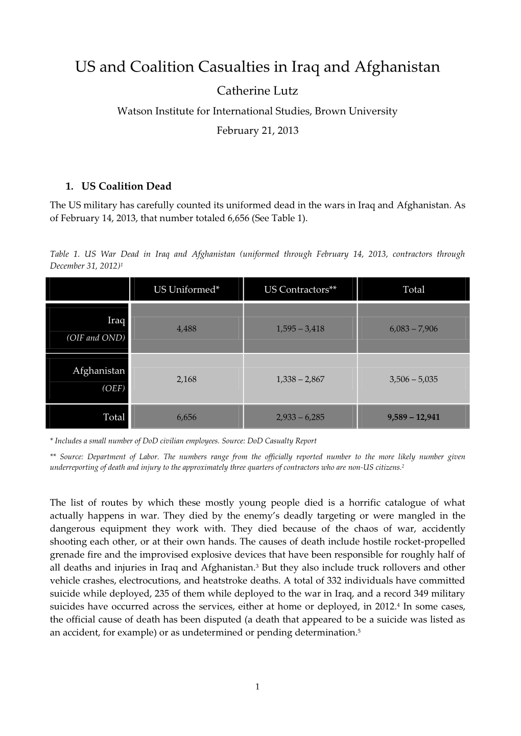 US and Coalition Casualties in Iraq and Afghanistan Catherine Lutz Watson Institute for International Studies, Brown University February 21, 2013