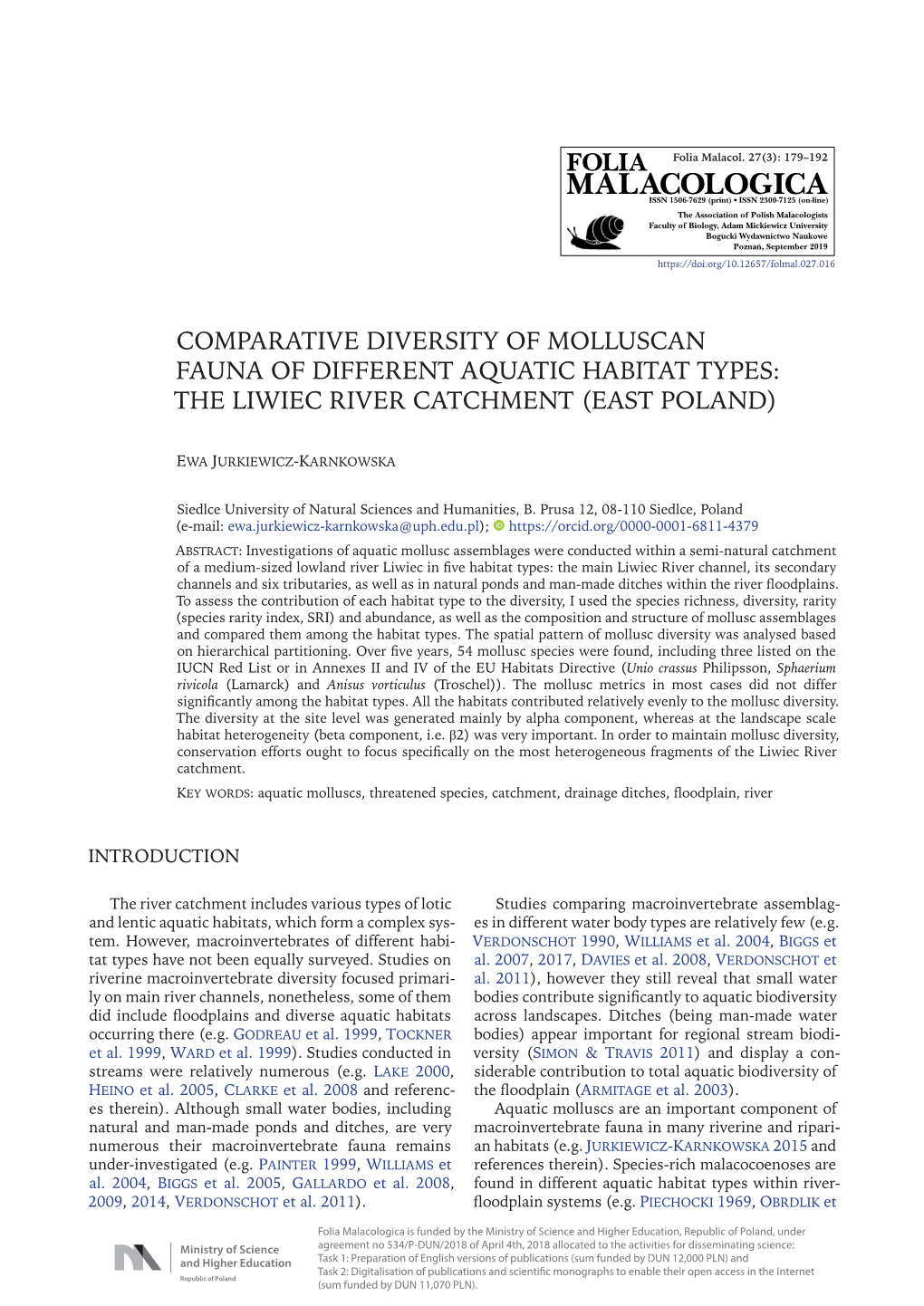 Comparative Diversity of Molluscan Fauna of Different Aquatic Habitat Types: the Liwiec River Catchment (East Poland)