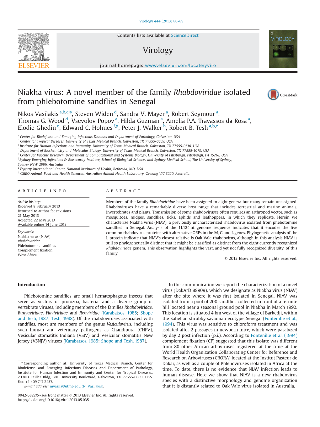 Niakha Virus: a Novel Member of the Family Rhabdoviridae Isolated from Phlebotomine Sandﬂies in Senegal