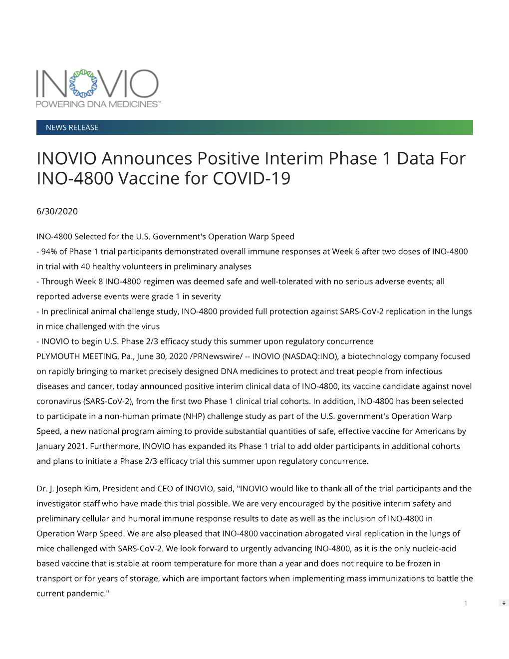 INOVIO Announces Positive Interim Phase 1 Data for INO-4800 Vaccine for COVID-19