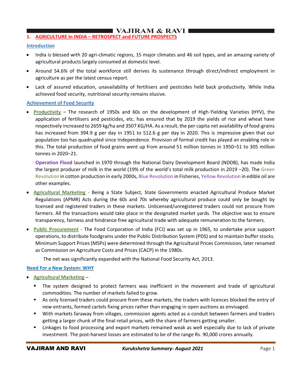 VAJIRAM and RAVI Kurukshetra Summary- August 2021 Page 1 1