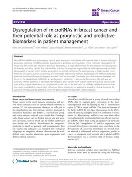 Dysregulation of Micrornas in Breast Cancer and Their Potential Role As