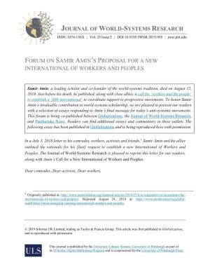 Journal of World-Systems Research Forum on Samir Amin's Proposal for a New International of Workers and Peoples