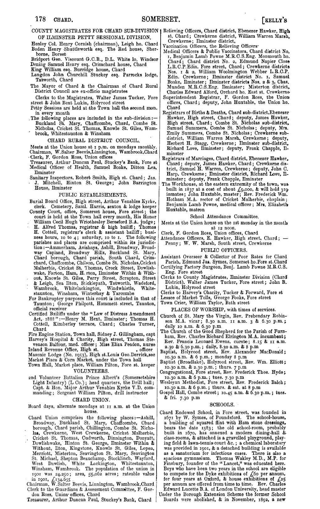 SOMERSET. [KELLY's • COUNTY MAGISTR'ates for OHARD SUB-DIVISION Relieving Officers, Chard District, Ebenezer Hawker, High of ILMINSTE,U PETTY SESSIONAL DIVISION