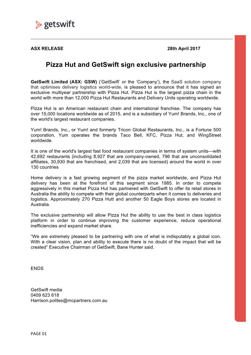Pizza Hut and Getswift Sign Exclusive Partnership