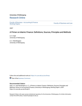 A Primer on Islamic Finance: Definitions, Sources, Principles and Methods