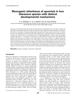Monogenic Inheritance of Apomixis in Two Hieracium Species with Distinct Developmental Mechanisms