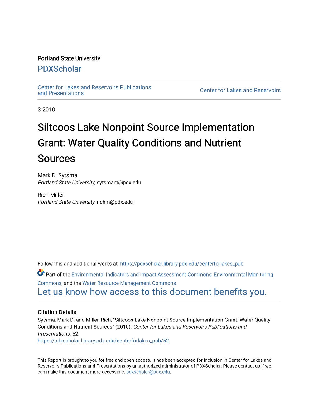 Siltcoos Lake Nonpoint Source Implementation Grant: Water Quality Conditions and Nutrient Sources