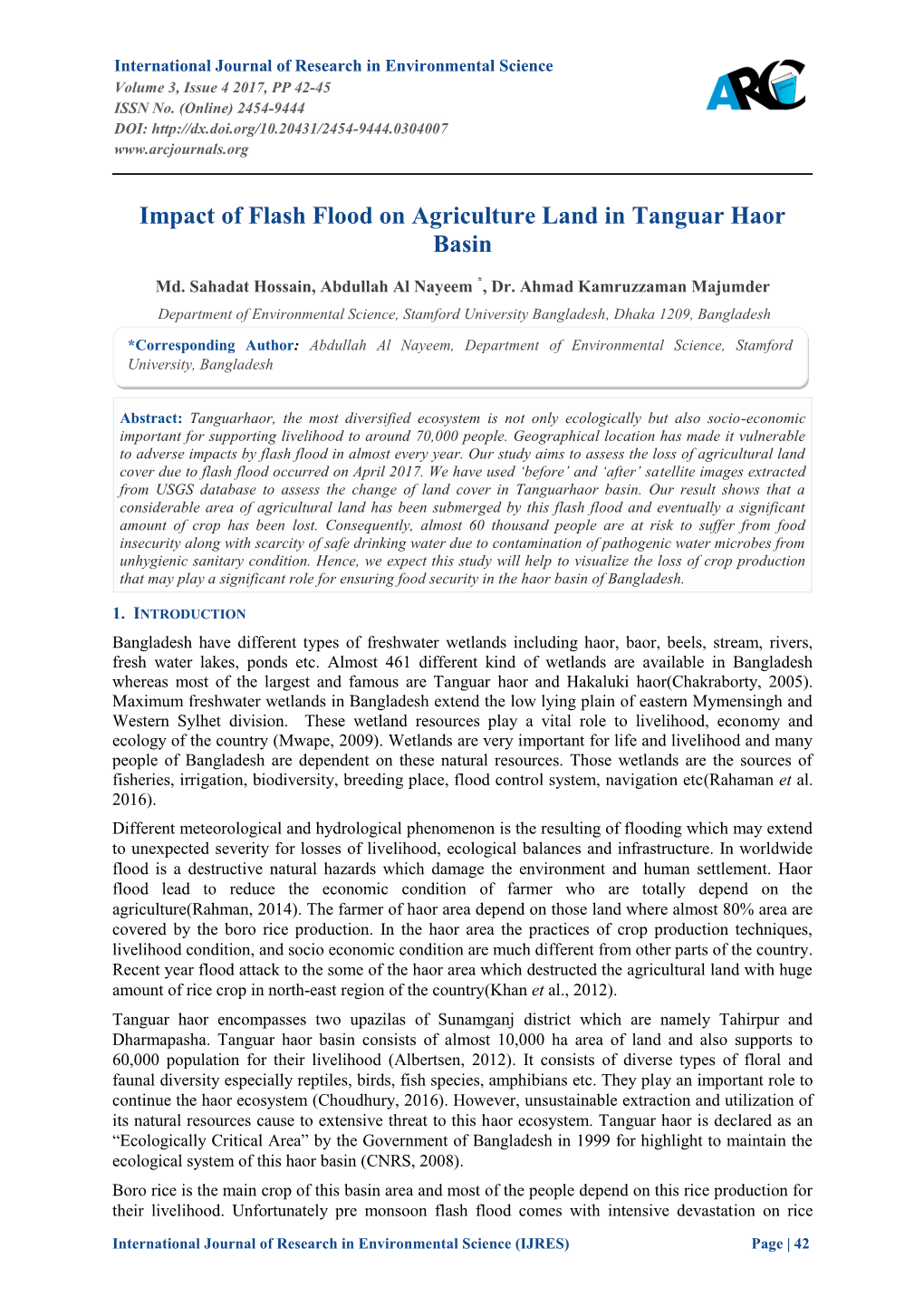 Impact of Flash Flood on Agriculture Land in Tanguar Haor Basin