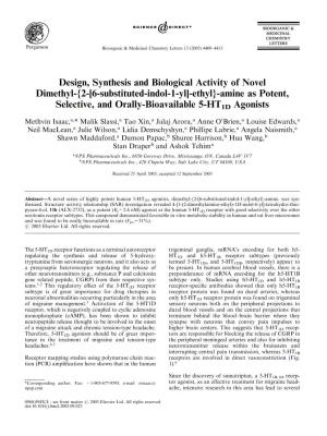 Design, Synthesis and Biological Activity of Novel Dimethyl-{2-[6-Substituted-Indol-1-Yl]-Ethyl}-Amine As Potent, Selective, and Orally-Bioavailable 5-HT1D Agonists