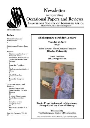 Newsletter Incorporating Occasional Papers and Reviews SHAKESPEARE SOCIETY of SOUTHERN AFRICA