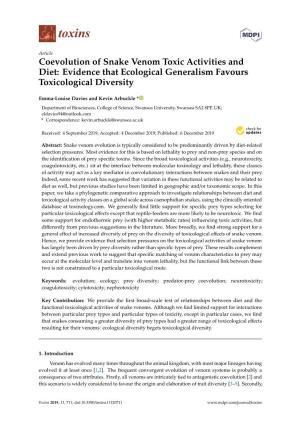 Coevolution of Snake Venom Toxic Activities and Diet: Evidence That Ecological Generalism Favours Toxicological Diversity