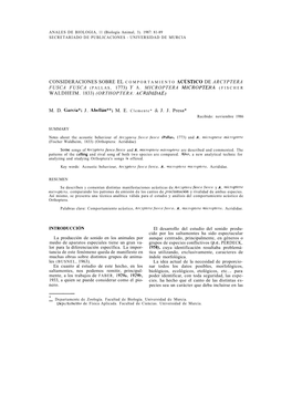Consideraciones Sobre El Comportamiento Acústico De Arcyptera Fusca Fusca (Pallas, 1773) Y A