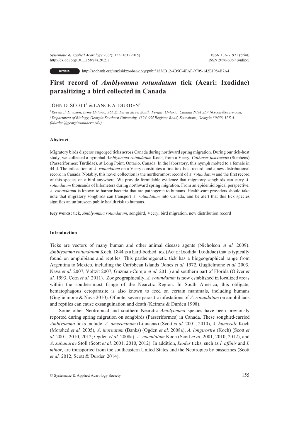 First Record of Amblyomma Rotundatum Tick (Acari: Ixodidae) Parasitizing a Bird Collected in Canada