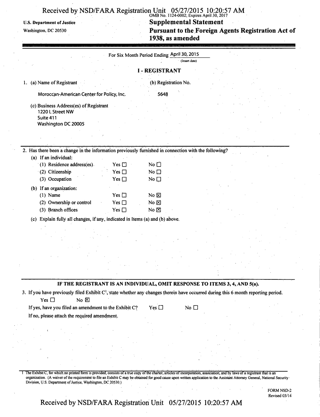 Received by NSD/FARA Registration Unit 05/27/2015 10:20:57 AM U.S