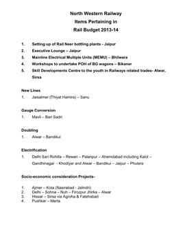 North Western Railway Items Pertaining in Rail Budget 2013-14