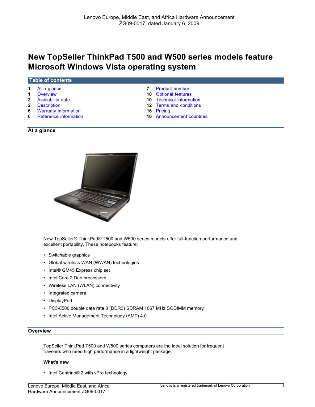 New Topseller Thinkpad T500 and W500 Series Models Feature Microsoft Windows Vista Operating System