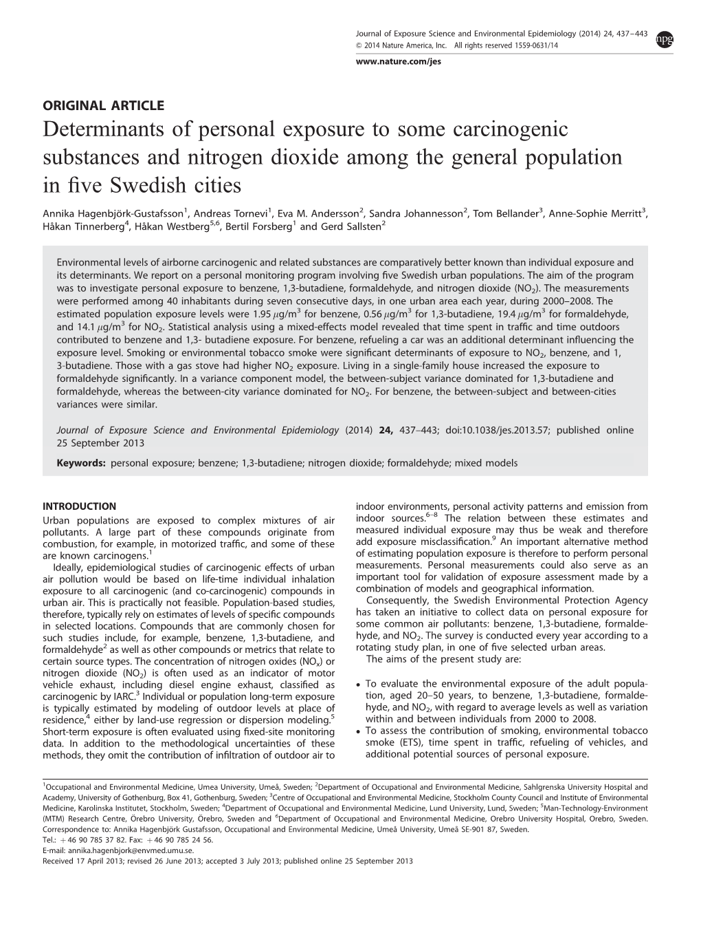 Determinants of Personal Exposure to Some Carcinogenic Substances and Nitrogen Dioxide Among the General Population in Five Swed