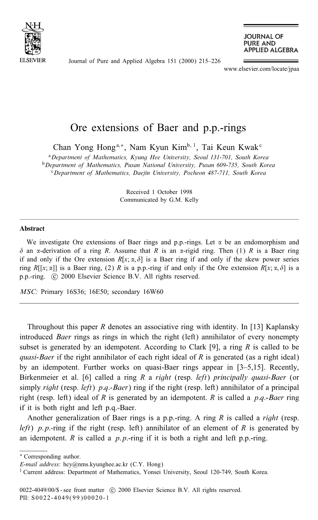 Ore Extensions of Baer and P.P.-Rings
