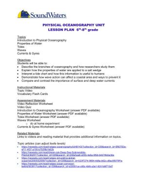 PHYSICAL OCEANOGRAPHY UNIT LESSON PLAN 6Th-8Th Grade