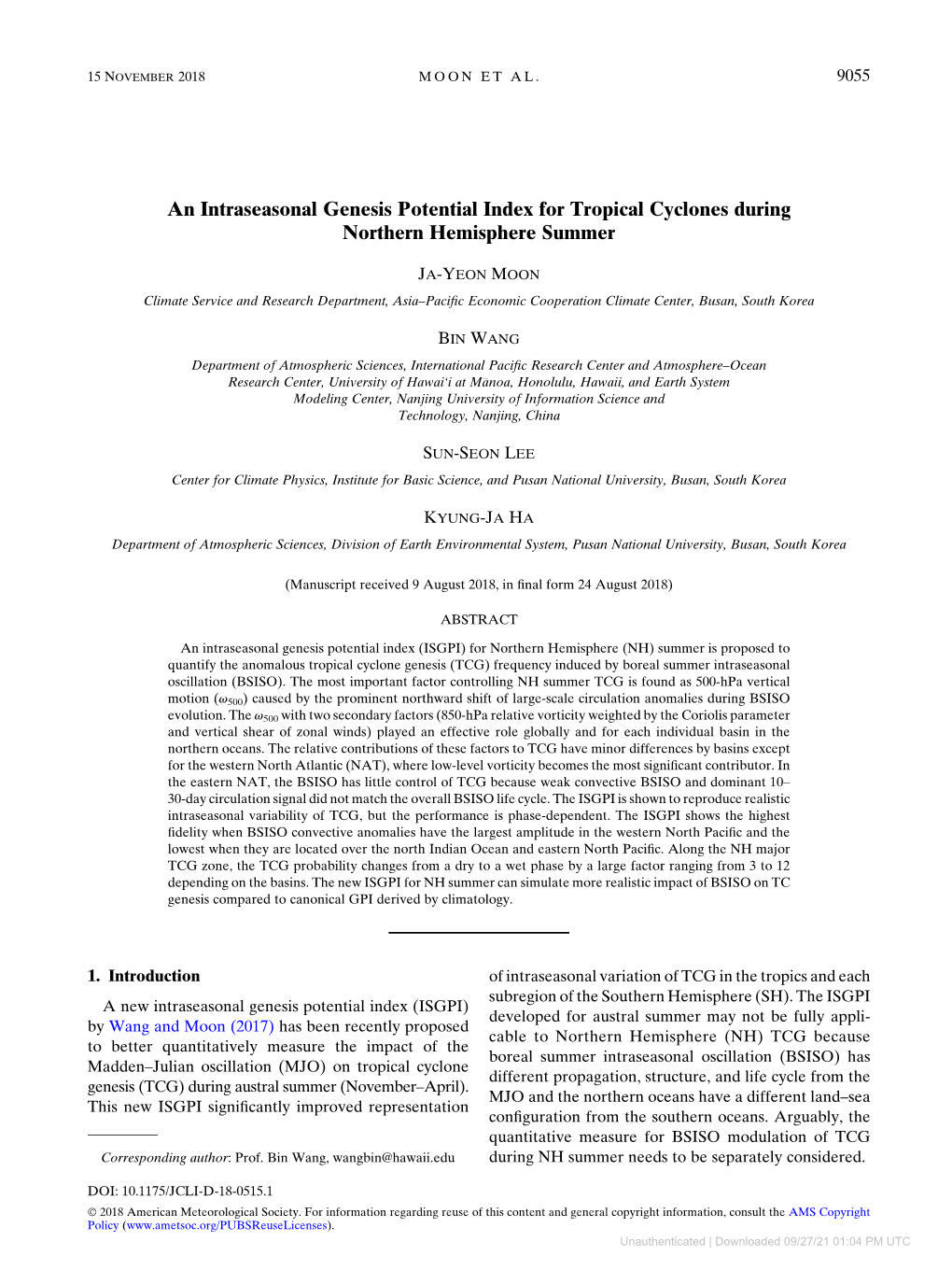 An Intraseasonal Genesis Potential Index for Tropical Cyclones During Northern Hemisphere Summer