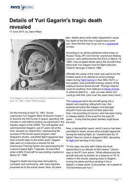 Details of Yuri Gagarin's Tragic Death Revealed 17 June 2013, by Jason Major