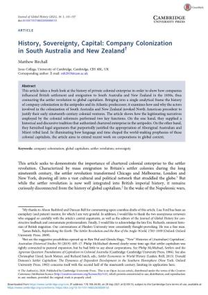 History, Sovereignty, Capital: Company Colonization in South Australia and New Zealand†