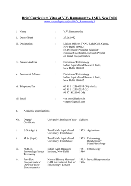 Brief Curriculum Vitae of V.V. Ramamurthy, IARI, New Delhi