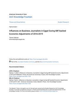 Influences on Business Journalists in Egypt During IMF-Backed Economic Adjustments of 2016-2019 [Master's Thesis, the American University in Cairo]