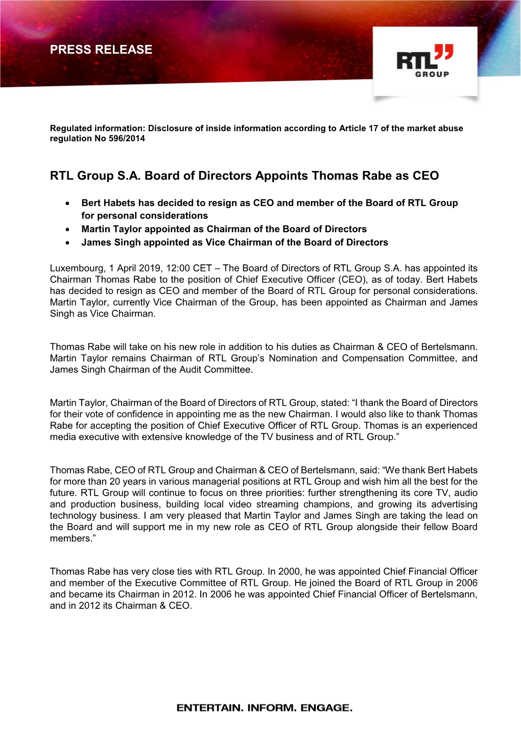 RTL Group Press Release