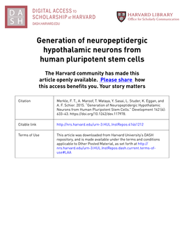 Generation of Neuropeptidergic Hypothalamic Neurons from Human Pluripotent Stem Cells