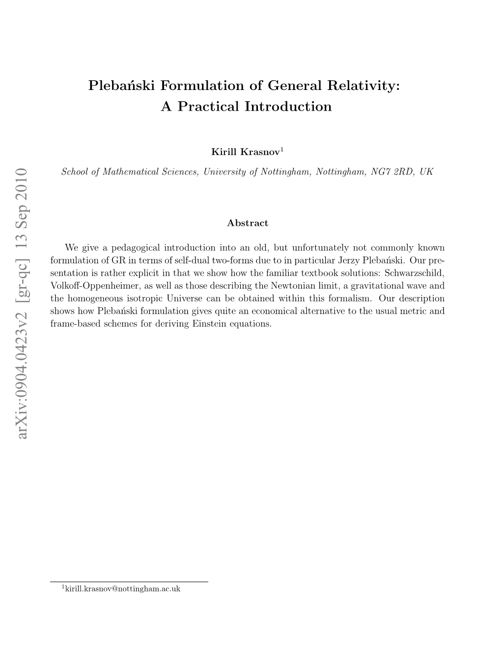 Plebanski Formulation of General Relativity: a Practical Introduction