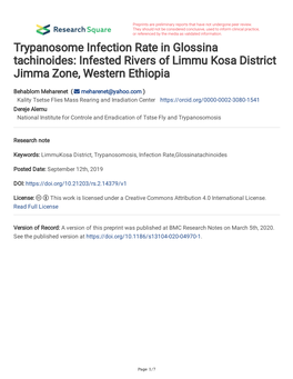 Trypanosome Infection Rate in Glossina Tachinoides: Infested Rivers of Limmu Kosa District Jimma Zone, Western Ethiopia