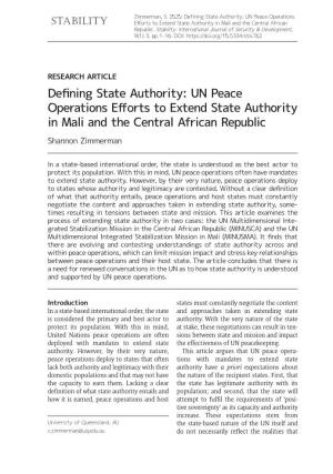 UN Peace Operations Efforts to Extend State Authority in Mali and the Central African Republic Shannon Zimmerman