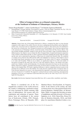 Effect of Temporal Lakes on Avifaunal Composition at the Southeast of Isthmus of Tehuantepec, Oaxaca, Mexico