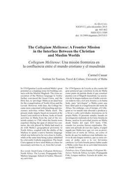 Collegium Melitense: Una Misión Fronteriza En La Confluencia Entre El Mundo Cristiano Y El Musulmán