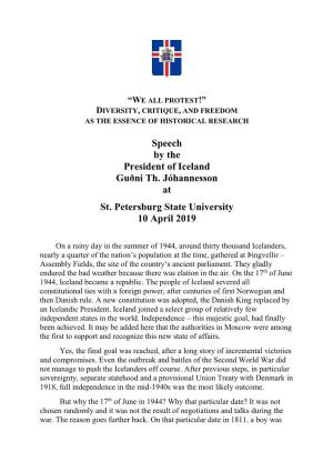 Speech by the President of Iceland Guðni Th. Jóhannesson at St. Petersburg State University 10 April 2019