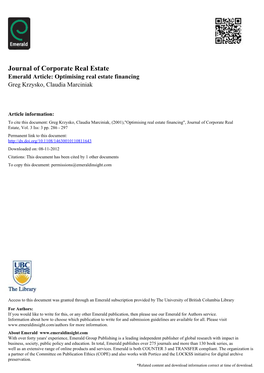 Journal of Corporate Real Estate Emerald Article: Optimising Real Estate Financing Greg Krzysko, Claudia Marciniak
